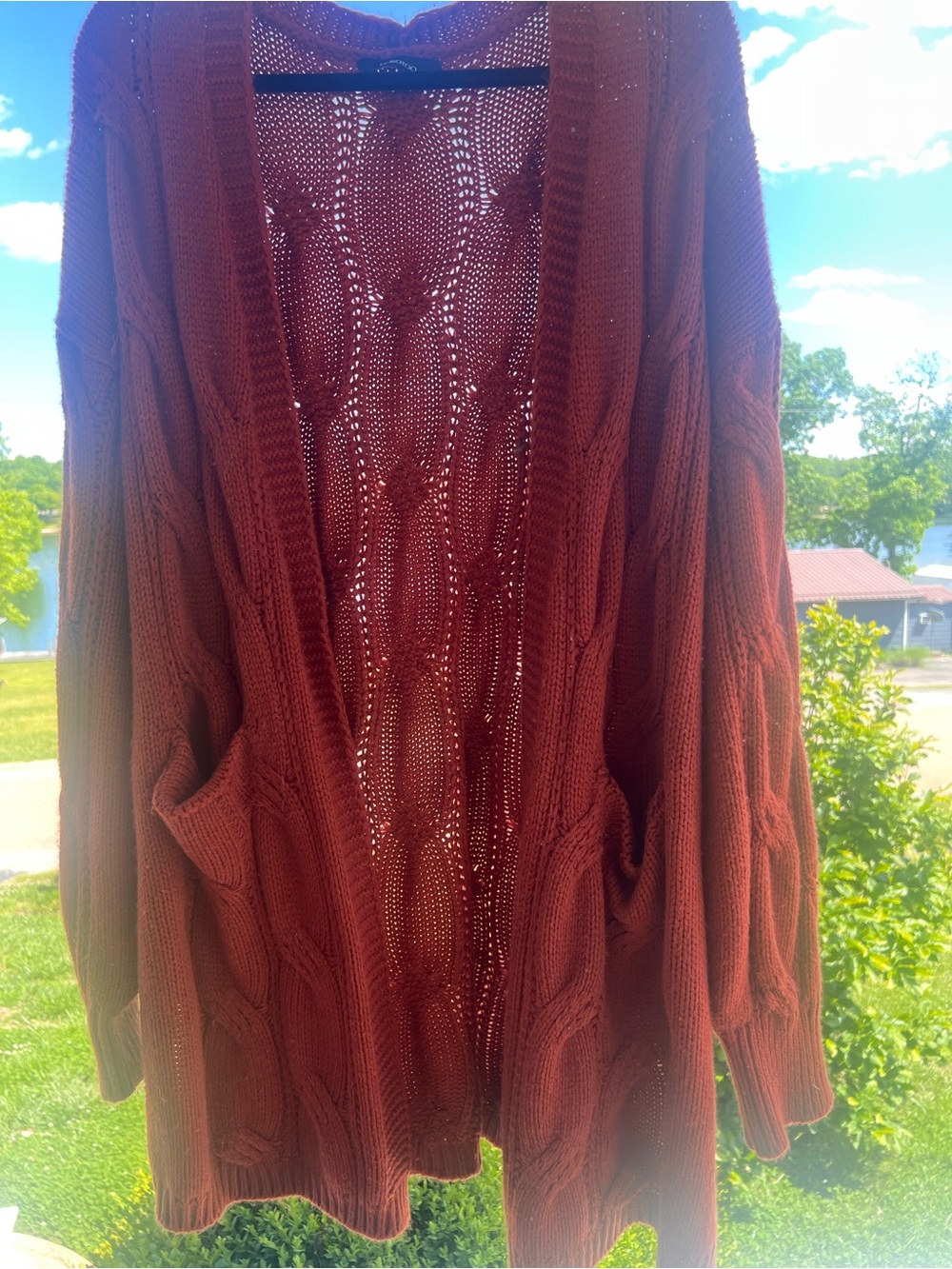 Open-Front Rust Cable Knit Cardigan Sweater